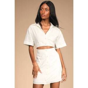 Lulus Meet Me In Madrid White Cutout Cotton Jacquard A-line Mini Dress - Size L